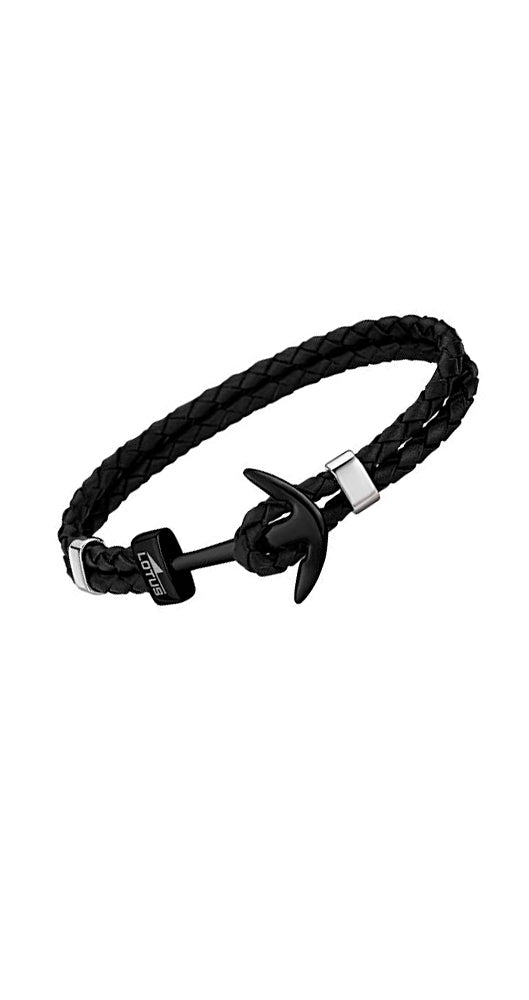 Pulsera Lotus Style LS1832-2/6 unisex de acero y cuero trenzado en negro con un ANCLA