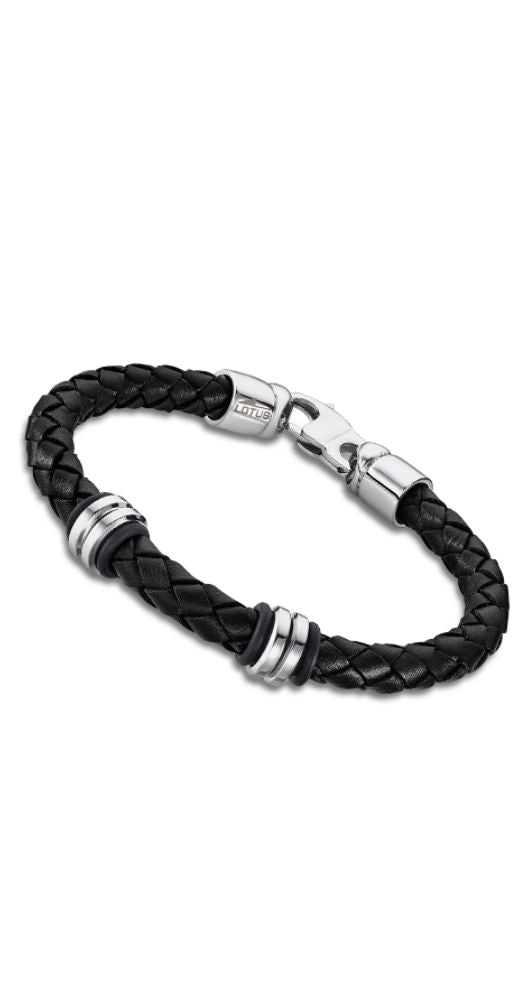 Pulsera Lotus Style LS2093-2/2 de cuero trenzado marrón con motivos centrales de acero inoxidable. Cierre de mosquetón.
