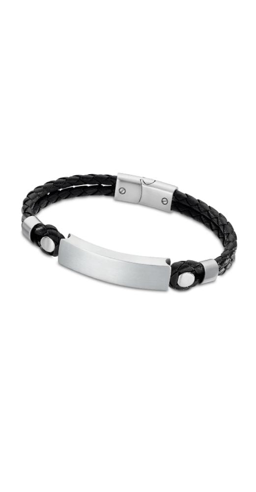 Pulsera Lotus Style LS2103-2/2 con chapa de acero inox central, ideal para grabar, integrada en un brazalete de cuero trenzado negro. Cierre con imanes.