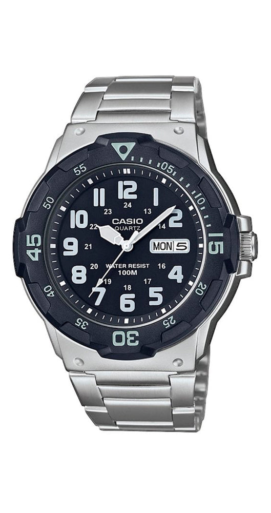 Reloj Casio Collection MRW-200HD-1BVEF para caballero, un reloj ligero, pensado para usarlo todos los días. Esfera negra con manillas e índices luminiscentes. Calendario con el día de la semana y del mes. Caja de resina, fondo y armis de acero inoxidable. Cierre con pulsadores. Sumergible 100 metros. Garantía 2 años.