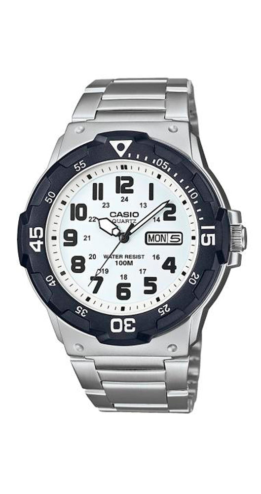 Reloj Casio Collection MRW-200HD-7BVEF para caballero, un reloj ligero, pensado para usarlo todos los días. Esfera blanca con manillas e índices luminiscentes. Calendario con el día de la semana y del mes. Caja de resina, fondo y armis de acero inoxidable. Cierre con pulsadores. Sumergible 100 metros. Garantía 2 años.
