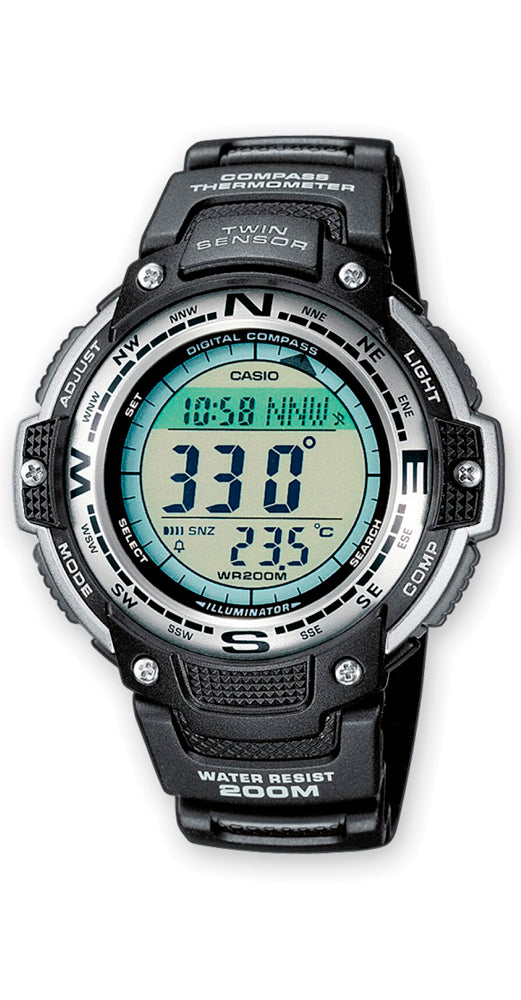 Reloj Casio Collection SGW-100-1VEF con TERMÓMETRO y BRÚJULA, unisex, caja y correa de resina negra, crono, cuenta atrás, calendario automático, 12/24 horas y sumergible 200 metros. Garantía de 2 años.