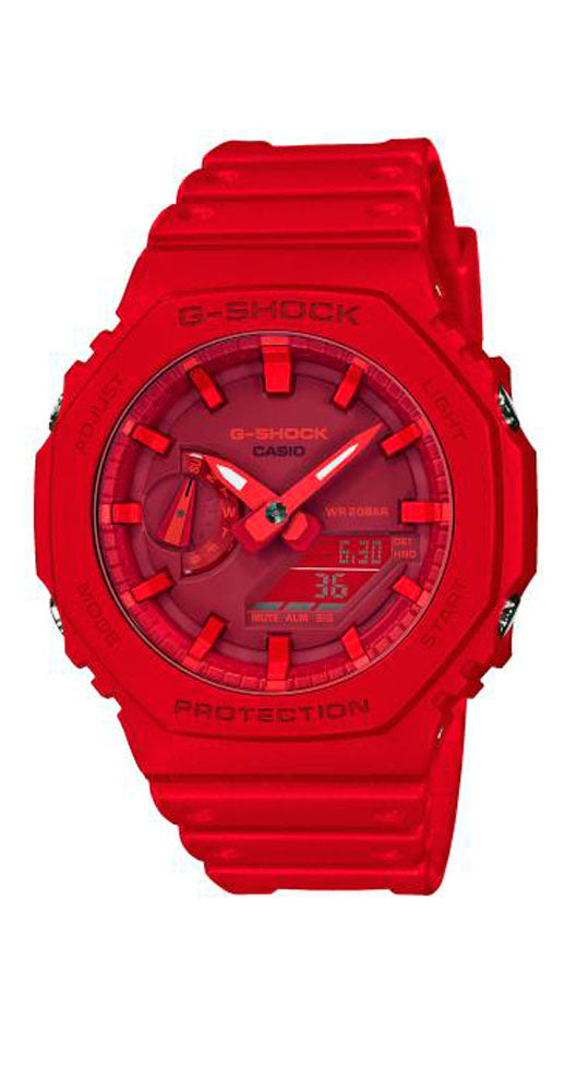 Reloj Casio G-SHOCK GA-2100-4AER, diseño actual y color de moda. Analógico-Digital. Cristal mineral. Carcasa de resina reforzada con carbono en color rojo y correa de resina. Luz. Luminiscente. Hora universal. Crono. Temporizador. Alarmas. Calendario.12/24 horas. Sumergible 200 metros. Garantía 2 años.