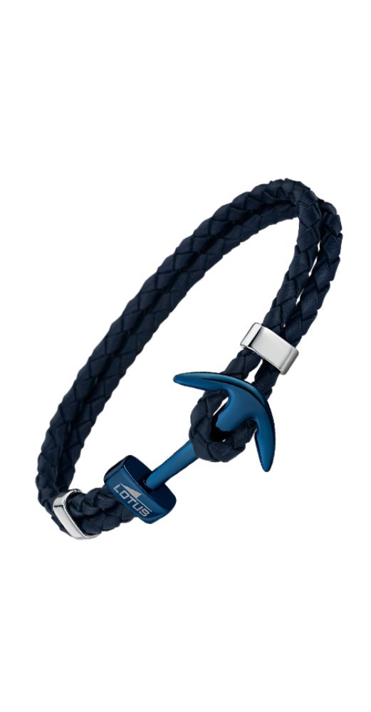 Pulsera Lotus Style LS1832-2/A, UNISEX, con un ancla de acero pavonado azul que funciona como cierre, brazalete de cuero trenzado azul marino y dos anillas en acero inox que dan fortaleza al conjunto.