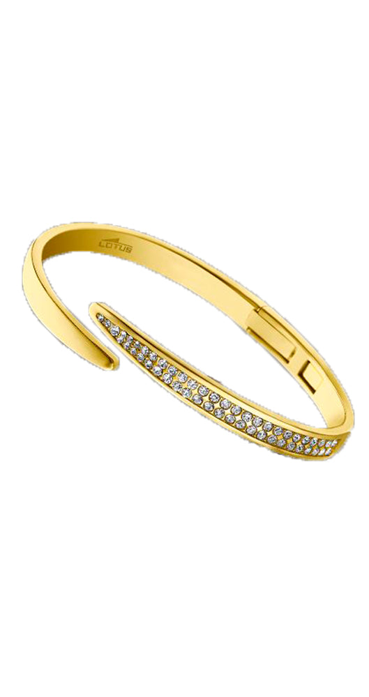 Pulsera Lotus Style LS1845-2/2 rígida con un fleje que facilita su apertura. Toda de acero inoxidable DORADO y zirconitas.