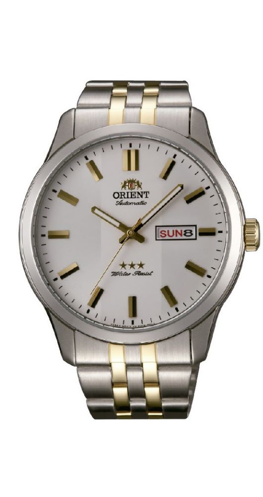 Reloj Orient AB0012S19B para hombre, con esfera blanca e índices dorados, calendario para el día del mes y día de la semana, caja y armis de acero inox con eslabones dorados. Garantía de 2 años.
