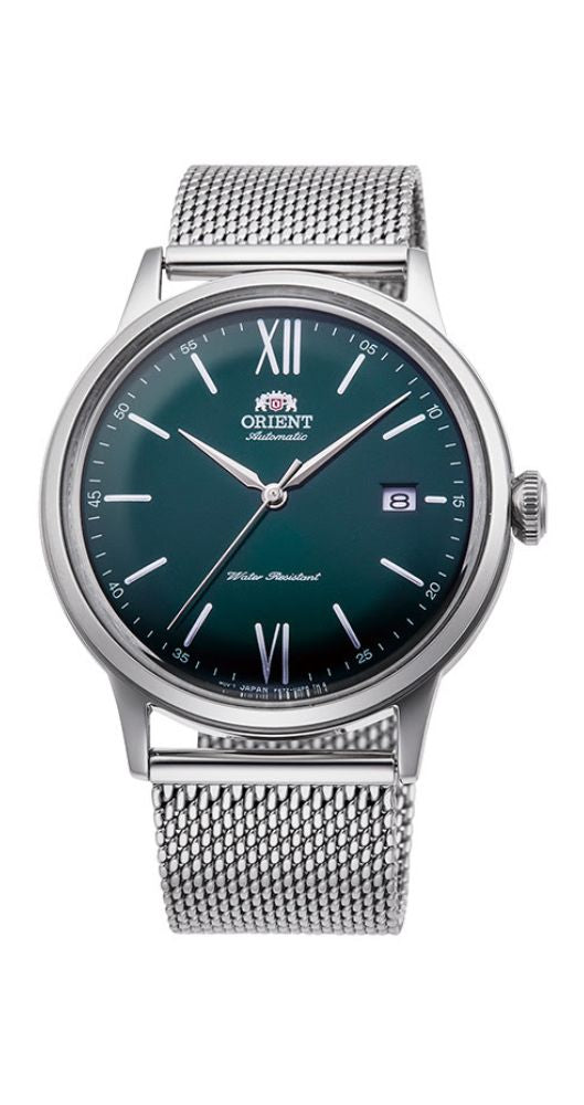 Reloj Orient RA-AC0018E10B AUTOMÁTICO, para hombre, con cristal mineral, caja y armis de tipo malla milanesa de acero inoxidable, fondo con cristal, calendario, esfera verde y garantía de 2 años.