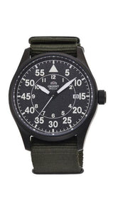 Reloj Orient AC0H02N10B para hombre, automático, con esfera negra e índices y manillas en blanco. Caja de acero inoxidable pavonado negro y correa de nylon verde. Calendario. Sumergible 100 metros. Garantía de 2 años.
