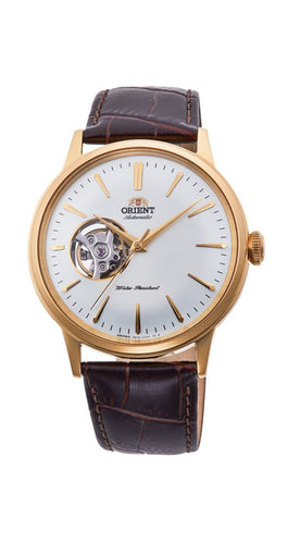 Reloj Orient RA-AG0003S10B SEMI SKELETON, AUTOMÁTICO, caja de acero inox chapado, esfera con blanca con manillas e índices dorados, correa de piel marrón, sumergible 50 metros. Garantía de 2 años.