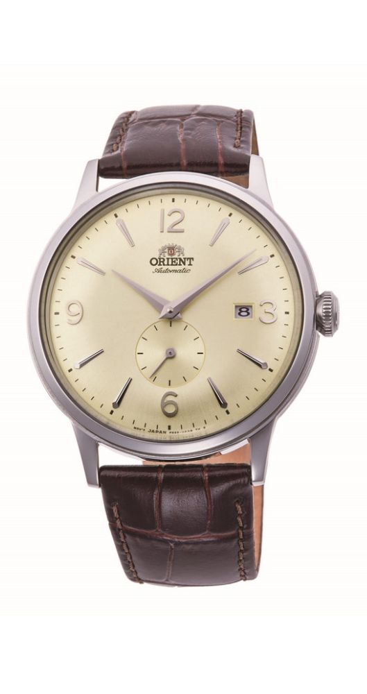 Reloj Orient RA-AP0003S10B AUTOMÁTICO, con esfera beige, calendario, caja de acero inox y correa de piel marrón labrada. Garantía de 2 años.