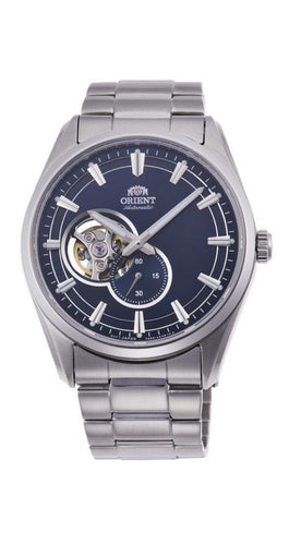 Reloj Orient RA-AR0003L10B SEMI SKELETON, AUTOMÁTICO, para hombre, con esfera azul, caja y armis de acero inoxidable, cierre con pulsadores, cristal zafiro, sumergible 50 metros y garantía de 2 años.