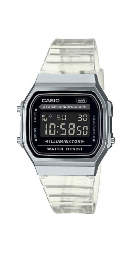 Reloj Casio Collection A168XES-1BEF unisex, con caja de resina metalizada y correa de resina transparente. Crono-alarma, calendario automático, formato 12/24 horas. Garantía de 2 años.