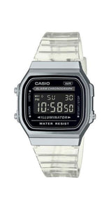 Reloj Casio Collection A168XES-1BEF unisex, con caja de resina metalizada y correa de resina transparente. Crono-alarma, calendario automático, formato 12/24 horas. Garantía de 2 años.