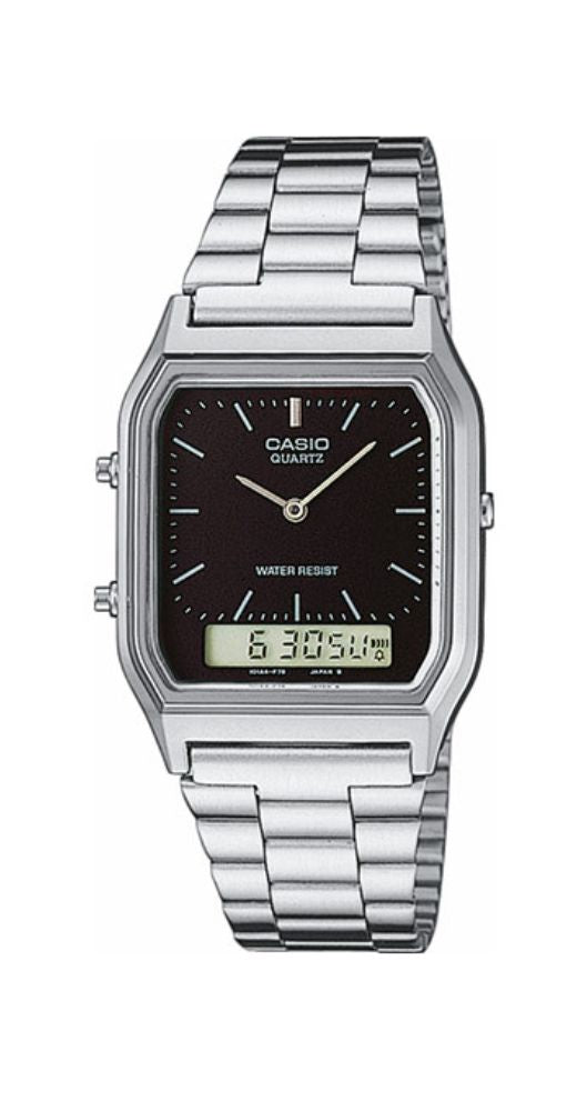 Reloj Casio Ana-digi con esfera negra, caja de resina, armis de acero inox. Crono, alarma, doble horario, formato 12/24 horas, calendario automático. Garantía de 2 años