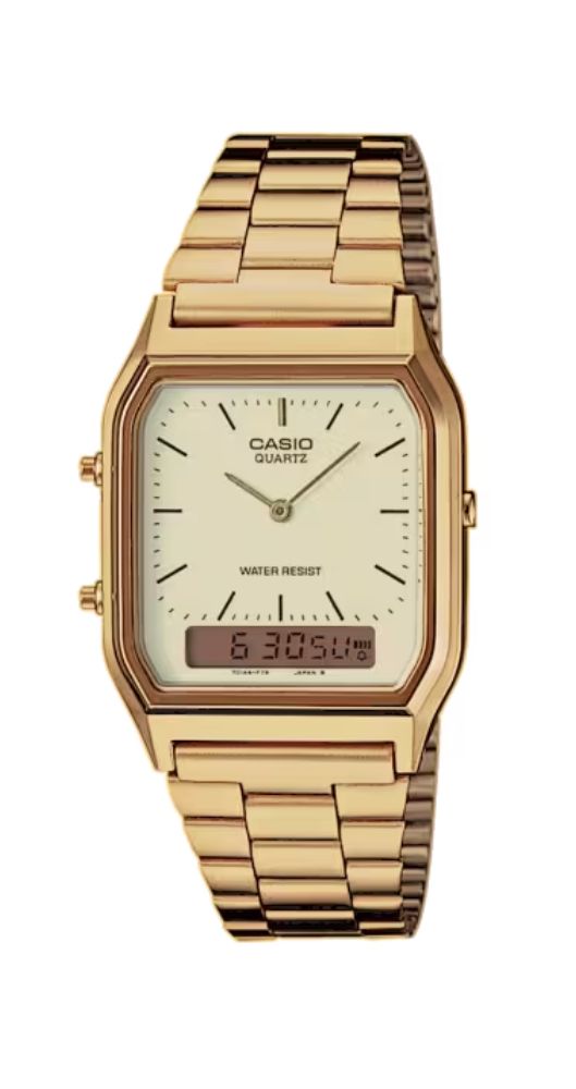Reloj Casio Collection AQ-230GA-9DMQYES unisex, ana-digi con crono y alarma, esfera champagne, caja de resina y armis de acero inox dorado y garantía de 2 años.