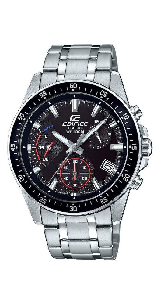Reloj Casio Edifice EFV-540D-1AVUEF con esfera negra y detalles azules y rojos, manillas e índices luminiscentes, con calendario, crono, caja y armis de acero inox, sumergible 100 metros, garantía de 2 años.