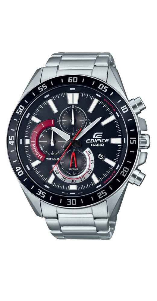 Reloj Casio Edifice EFV-620D-1A4VUEF para hombre, con crono, calendario, esfera negra con detalles rojos, caja y armis con acero inox, sumergible 100 metros. Garantía de 2 años.