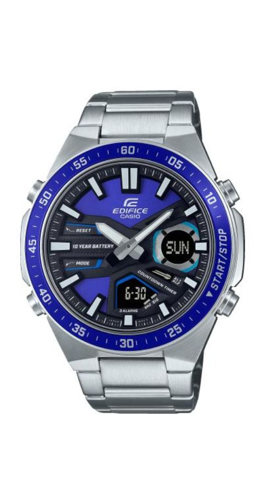 Reloj Casio Edifice EFV-C110D-2AVEF analógico y digital con un diseño deportivo y elegante, ideal para lucir en cualquier ocasión.  Analógico-digital. Cristal mineral. Caja y armis de acero inoxidable. Cierre con pulsadores. Esfera azul con detalles negros. Manillas e índices luminiscentes. TELEMEMO 30 para 30 registros de nombres y teléfonos. Hora mundial. Cronómetro centesimal de 24 horas. Cuenta atrás, 3 alarmas. Calendario. 12/24 h. Pila 10 años. Sumergible 100 m. Garantía de 2 años.