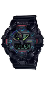 Reloj Casio G-SHOCK GA-700RGB-1AER a prueba de golpes, esfera negra con colores de moda, caja y correa de resina negra acabada en brillo, crono-alarma, cuenta atrás, sumergible 200 metros, ana-digi, 12/24 horas, calendario automático, con LUZ y garantía de 2 años.