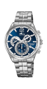 Reloj Lotus L10136/2 para hombre, con crono y calendario. Cristal mineral, caja y armis de acero inox. Esfera azul con detalles blancos. Sumergible 100  metros. Garantía de 2 años.