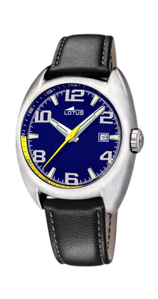 Reloj Lotus L15322/T para hombre, con esfera azul y detalles en amarillo. Caja de acero inoxidable y correa de piel negra con pespuntes blancos. Calendario. Sumergible 50 metros. Garantía de 2 años.