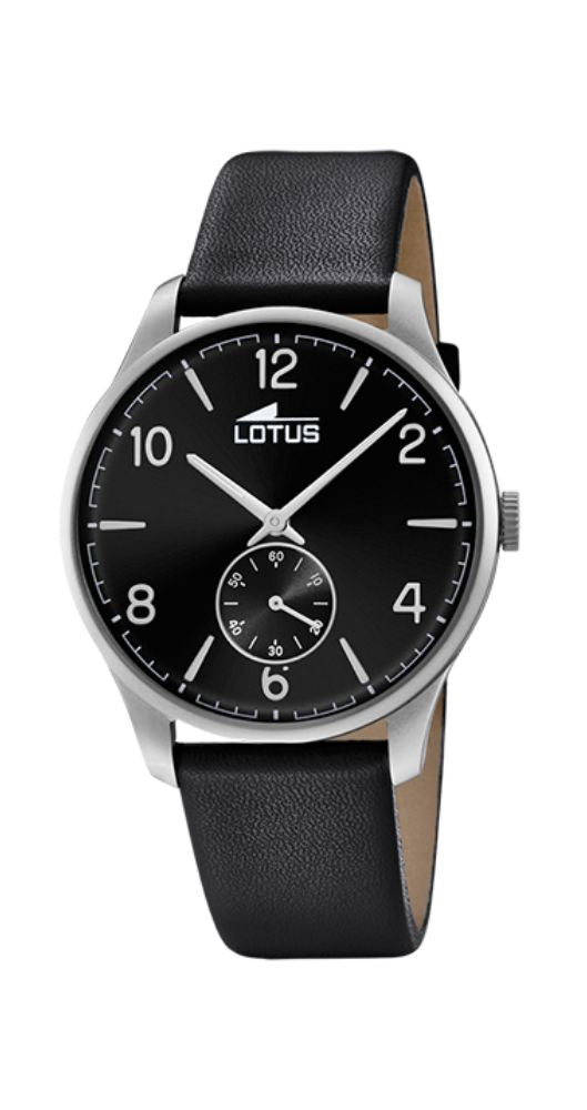 Reloj Lotus L18358/4 VINTAGE, para hombre, con estilo retro, esfera de color negro, caja de acero inoxidable y correa de piel lisa negra, segundero en multiesfera situada a las 6, sumergible 50 metros y garantía de 2 años.