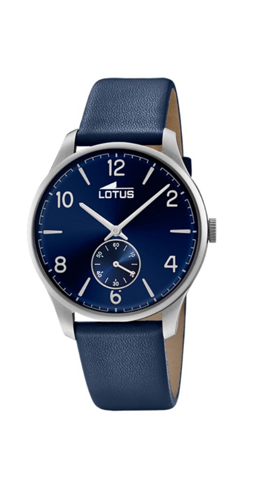 Reloj Lotus L18358/5 para hombre, estilo VINTAGE. Esfera azul con multiesfera a las 6 para el segundero. Caja de acero inoxidable y correa de piel lisa azul. Sumergible 50 metros. Garantía de 2 años.