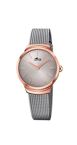 Reloj Lotus L18496/1 con armis tipo malla milanesa de acero inox. Caja de acero inox. Bisel en cobrizo. Esfera gris con índices y manillas cobrizadas. Cierre regulable. Sumergible 50 metros. Garantía de 2 años.