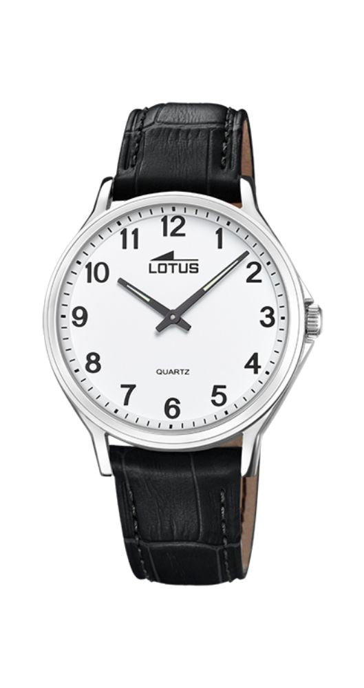 Reloj Lotus L18516/A para hombre, estilo clásico, esfera blanca con números arábigos negros, caja de acero inox y correa de piel labrada negra, sumergible 50 metros y garantía de 2 años.