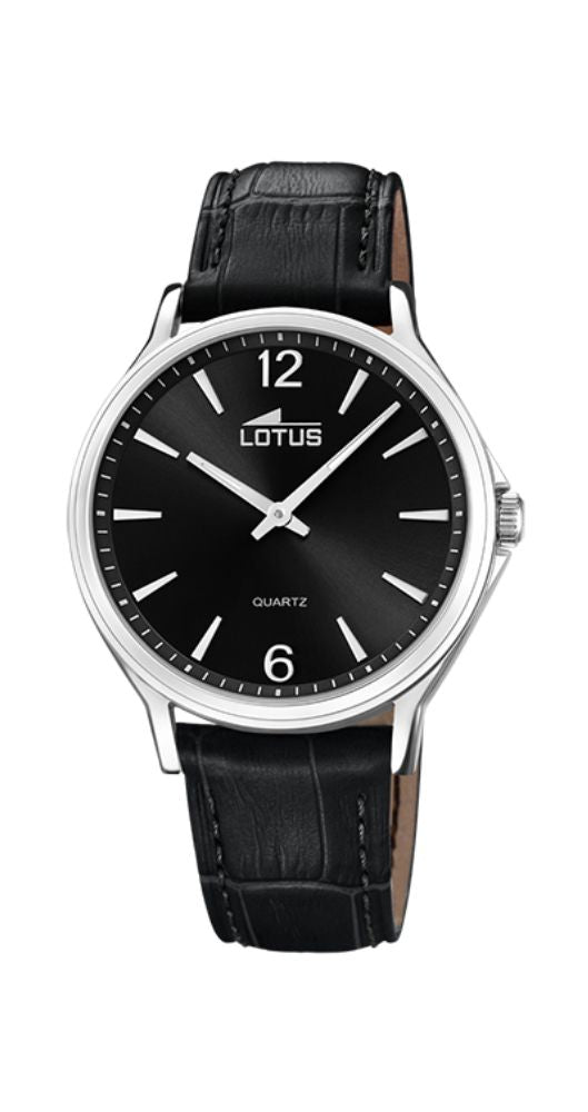 Reloj Lotus L18516/C para hombre con esfera negra, caja de acero inoxidable y correa de piel labrada negra. Sumergible 50 metros. Garantía de 2 años.