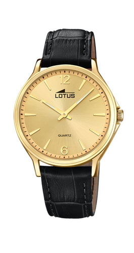 Reloj Lotus L18517/E para hombre, estilo RETRO, con esfera champagne, caja de acero pavonado DORADO, correa de piel labrada negra, sumergible 50 metros y garantía de 2 años.