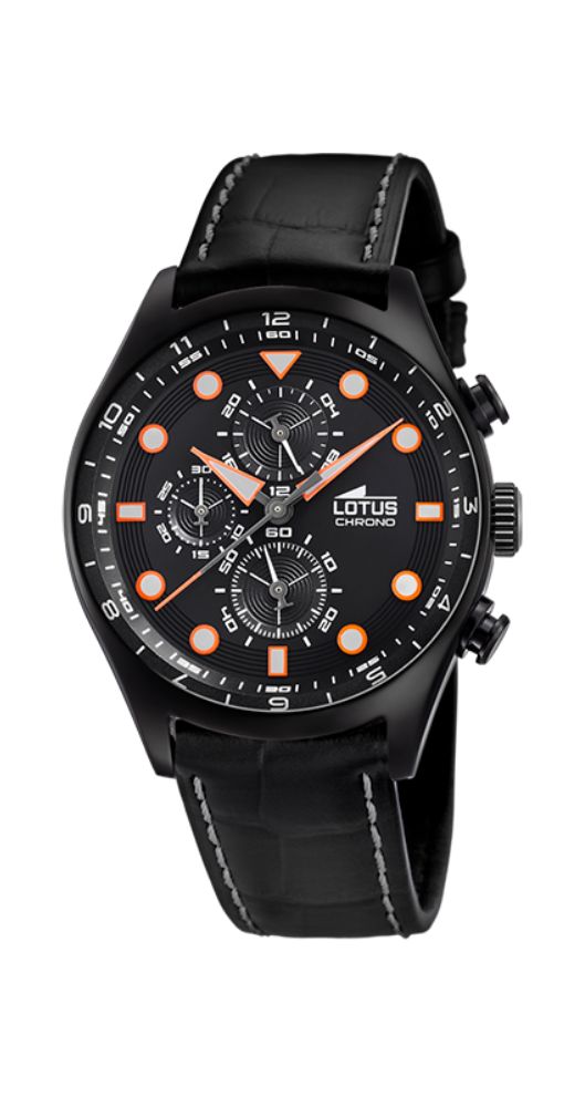 Reloj Lotus L18593/D para hombre, con esfera negra y detalles en rojo. Caja de PVD negro y correa de piel labrada negra con pespuntes en blanco. Cronógrafo. Sumergible 50 metros. Garantía de 2 años.