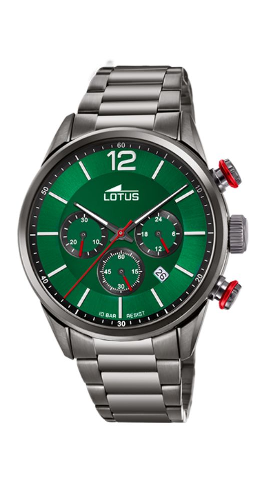 Reloj Lotus L18686/4 para hombre, con esfera verde, crono, calendario, caja y armis de acero inoxidable pavonado negro. Sumergible 100 metros. Garantía de 2 años.