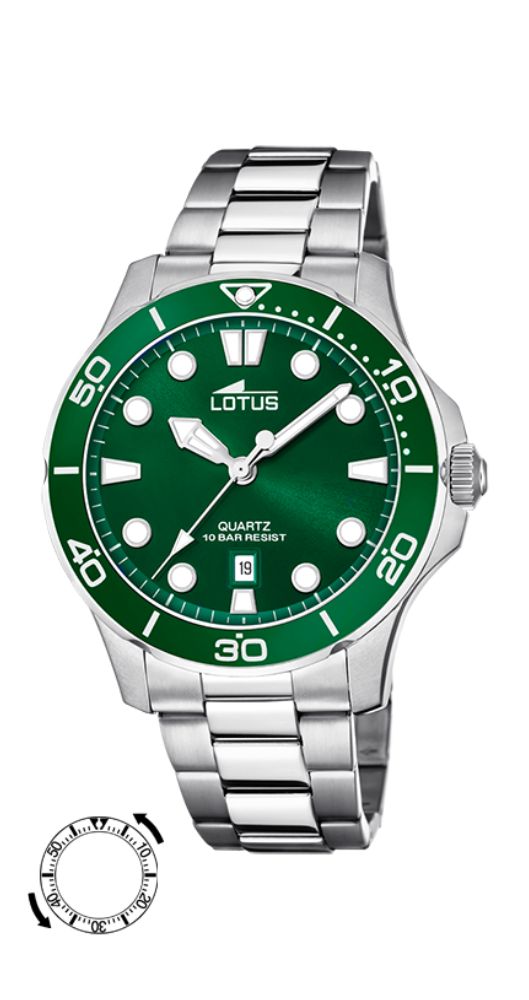 Reloj Lotus L18759/2 para hombre, esfera verde, caja y armis de acero inox, cierre con pulsadores, sumergible 100 metros y garantía 2 años.