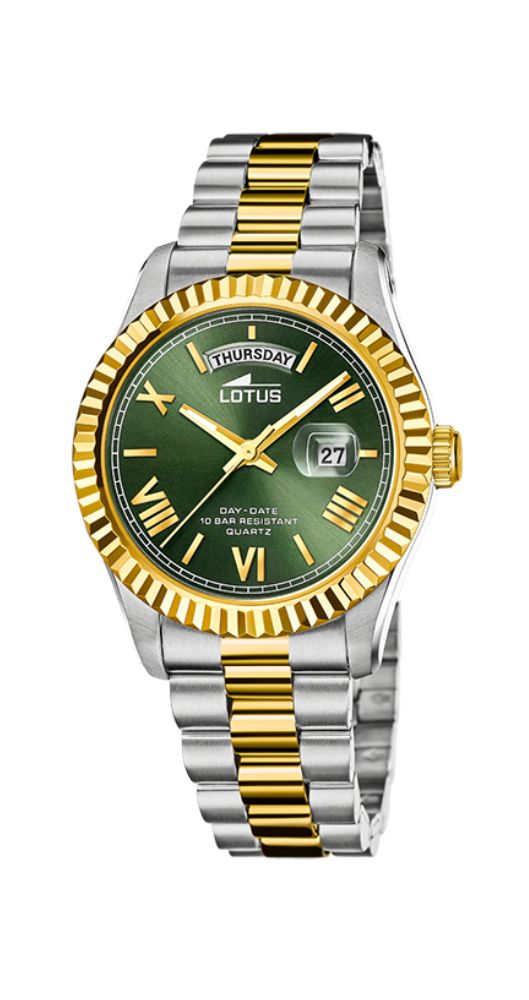 Reloj Lotus L18855/3 bicolor, calendario para el día del mes y de la semana, sumergible 100 metros, esfera verde, caja y armis de acero inoxidable con detalles chapados y garantía de 2 años.