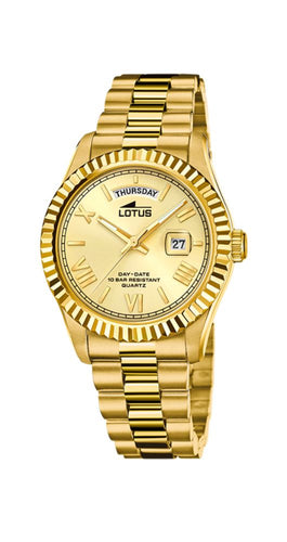 Reloj Lotus L18857/1 CHAPADO, con bisel lapidado, caja y armis de acero inox DORADO. Esfera champagne. Calendario con el día del mes y día de la semana. Sumergible 100 metros y garantía de 2 años.