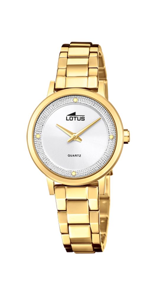 Reloj Lotus L18893/1 para mujer, con esfera plateada, caja y armis de acero inox CHAPADO, cierre con pulsadores, sumergible 50 metros y garantía de 2 años.