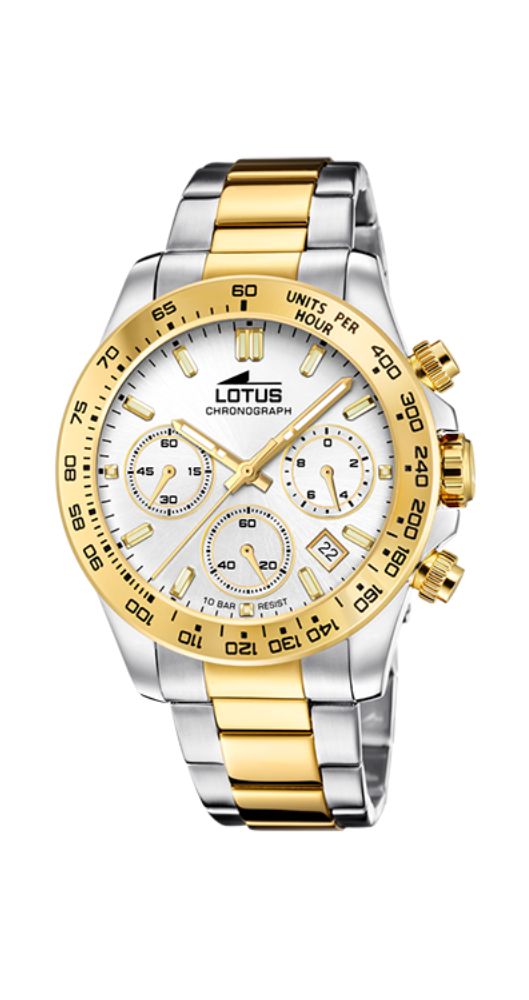 Reloj Lotus L18913/1 para hombre, con esfera blanca y detalles dorados, crono y calendario. Caja y armis de acero inoxidable con eslabones pavonados DORADOS, a juego con el bisel. Sumergible 100 metros y garantía de 2 años.