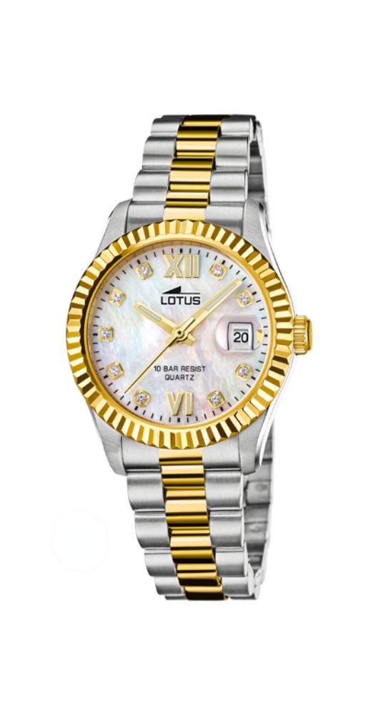 Reloj Lotus L18931/1 para mujer con esfera nacarada, números dorados , circonitas como índices y manillas doradas, calendario, bisel lapidado dorado y caja y armis de acero inox con detalles chapados, cierre con pulsadors. Sumergible 100 metros. Garantía 2 años.