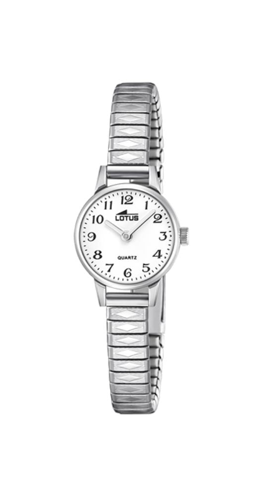 Reloj Lotus L18962/1 para mujer, modelo RETRO, con esfera blanca y números en negro, caja y armis elástico de acero inox, con cierre regulable, sumergible 50 metros y garantía de 2 años.