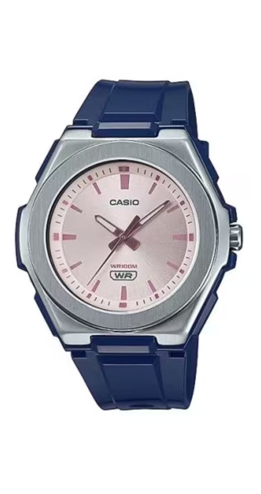 Reloj Casio Collection LWA-300H-2EVEF para mujer con esfera rosa, manillas luminiscentes, caja de resina azul con bisel metalizado y correa de resina azul acabado en brillo. Sumergible 100 metros. Garantía de 2 años.