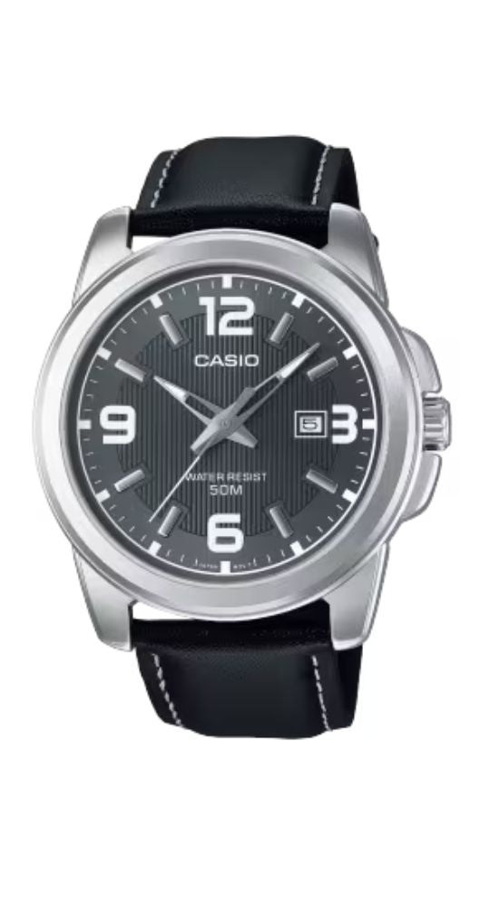 Reloj Casio Collection MTP-1314PL-8AVEF para hombre, con esfera negra y calendario. Caja metalizada, fondo de acero inox y correa de piel, sumergible 50 metros. Garantía de 2 años.