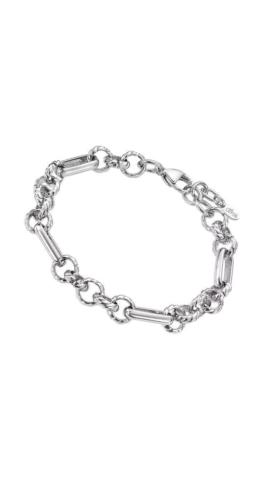 Pulsera Lotus Style LS2579-2-1 unisex, con eslabones redondos y alargados intercalados de acero inoxidable retorcido. Cierre de mosquetón y largo regulable.