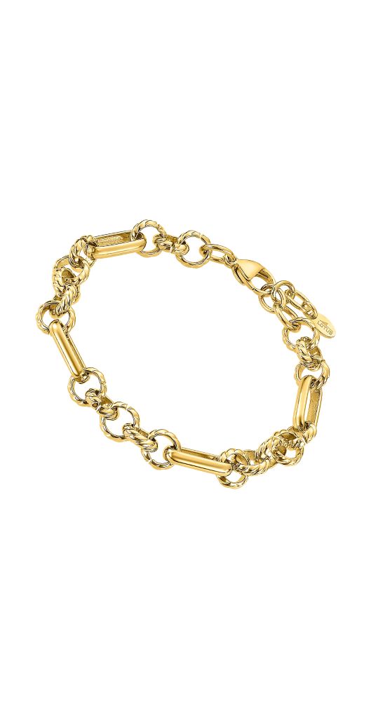 Pulsera Lotus Style LS2579-2-2 unisex con eslabones redondos y alargados entrelazados de acero inoxidable chapado retorcido. Cierre de mosquetón y longitud ajustable.