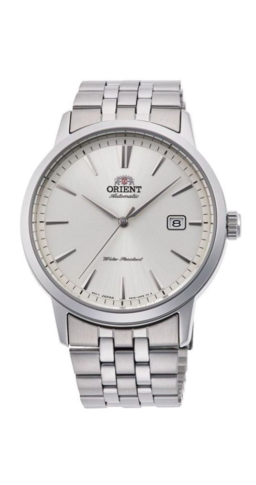 Reloj Orient RA-AC0F02S30B para hombre con caja y armis de acero inox, cierre con pulsadores, esfera blanca con calendario a las 3 y sumergible 50 metros. Garantía de 2 años.