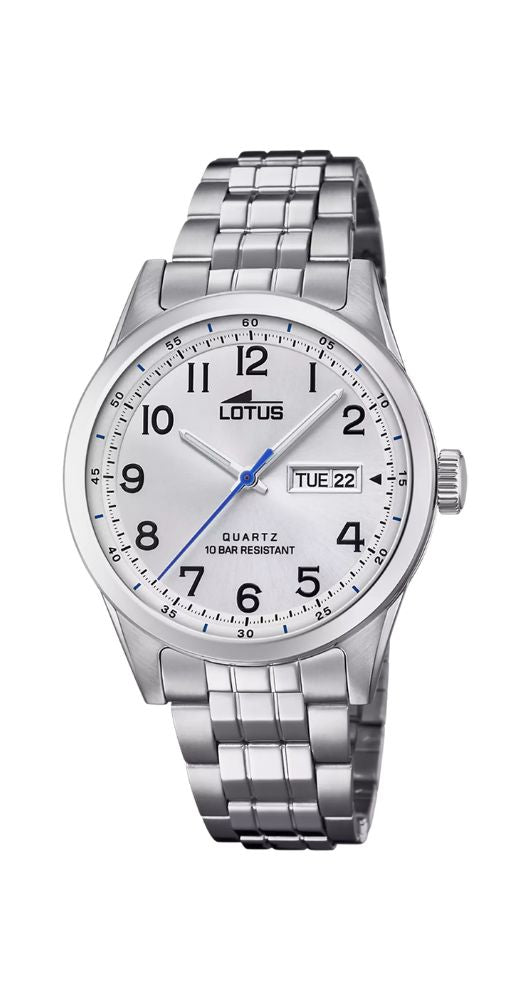 Reloj Lotus L18670-1 para hombre con esfera blanca y números arábigos negros, calendario con el día de la semana y del mes, caja y armis de acero inox, cierre con pulsadores. Sumergible 100 m. Garantía 2 años.
