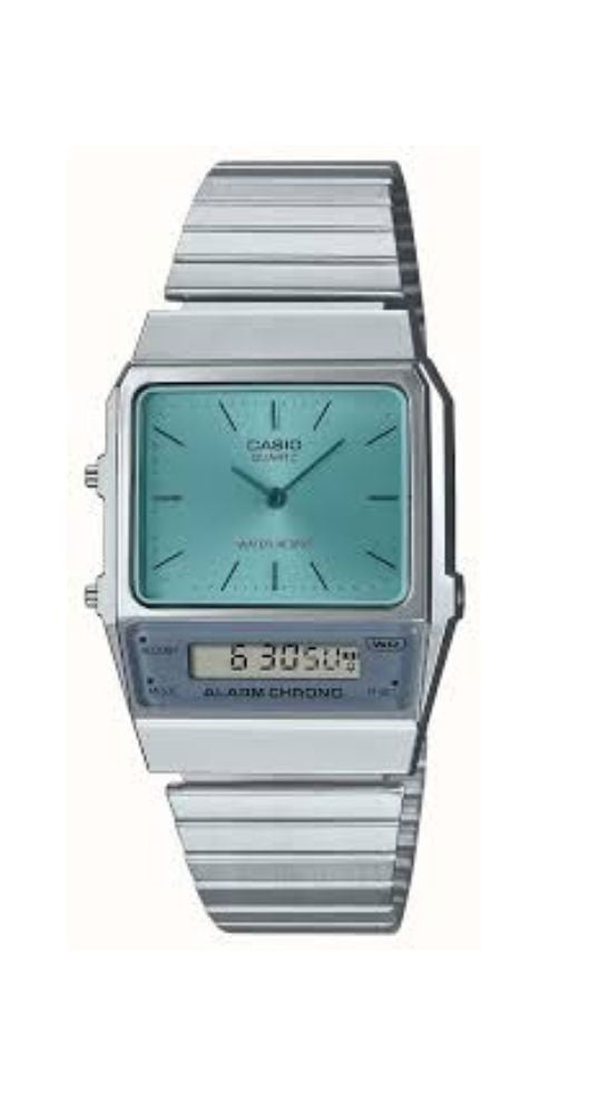 Reloj Casio AQ-800EC-2AEF estilo RETRO, con esfera azul celeste, ana-digi, crono-alarma, doble horario, calendario, formato 12/24 horas, caja de resina y armis de acero inox con cierre regulable. Garantía de 2 años.