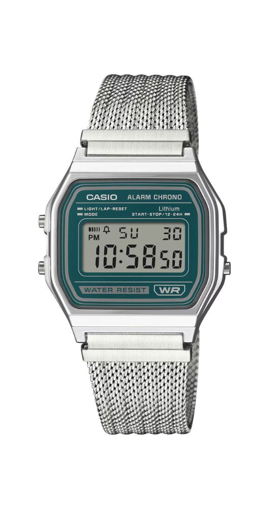 Reloj Casio Collection A158WEM-3EF unisex, con crono-alarma, luz, calendario, caja de resina y armis tipo malla milanesa de acero inox. Garantía de 2 años.