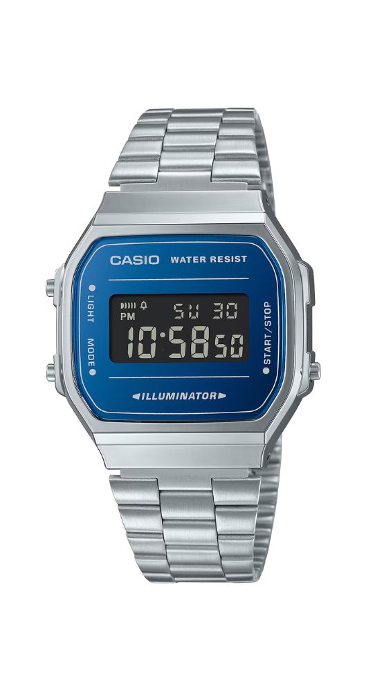 Reloj Casio Collection A168WEM-2BEF unisex con efecto espejo azul. Crono-alarma con calendario, 12/24 horas, luz, caja de resina y armis de acero inox. Garantía de 2 años.