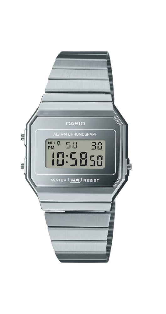 Reloj Casio Collection A700WEV-7AEF unisex, con caja de resina, armis de acero inox, crono, alarma, calendario, luz. Garantía de 2 años.